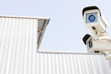 The CCTV Security Camera operating on building roof aluminum blur background.