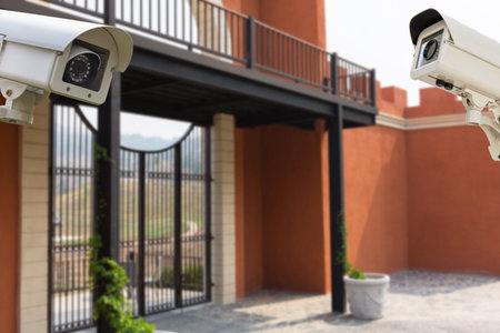 The CCTV Security Camera operating on big wall classic castle blur background.