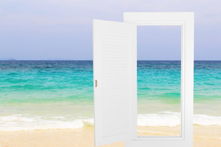White window open frame with beach background, concept background, idea background.の写真素材