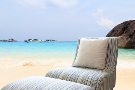 Modern sofa on beautiful sky and sea background.の写真素材
