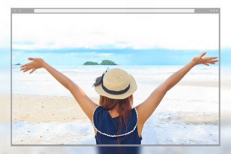 Web site page design concept, beautiful woman happy on the beach background.