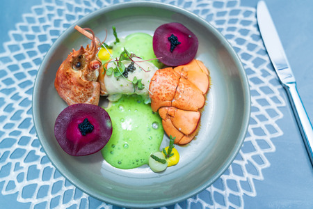 Healthy food with lobster menu, in luxury restaurant.の写真素材