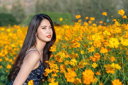 Cheerful multiracial Asian cute young woman joyful, smiling with yellow cosmos background. Happy carefree summer beautiful girl in yellow cosmos field in spring.の写真素材