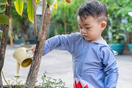 Asian cute adorable little toddler boy in watering trees pot with small can outdoors. Fun baby boy gardening plant at backyard countryside cottage on bright summer dayの写真素材