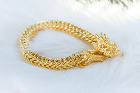 Luxury gold bracelet, Golden Dragon Pixiu or Pi Yao on white background. Traditional of china for Wealth and Good Fortune.の写真素材
