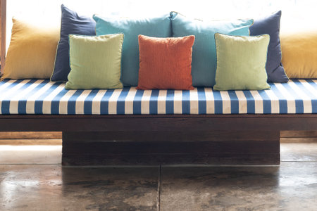 Close up. Colorful sofa and pillow, modern style.の写真素材