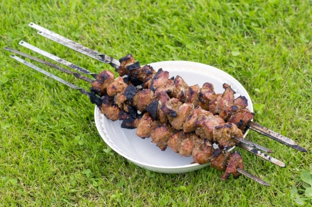 slices of meat cooked on fire on plate- shish kebabの写真素材