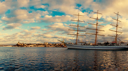 Sea port, frigate ship, clouds Sevastopol south bay