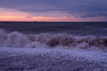 Rocky coast in Tuapse bay, Black sea. oil tankers away