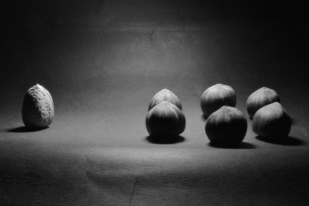 Walnuts and almonds in black and white