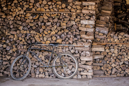 Bicycle resting on a pile of woodの写真素材