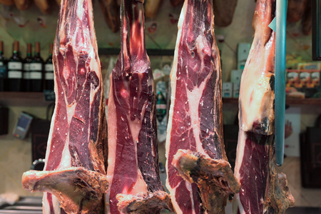 Europe, Catalonia, Spain. Jamon market in Central Barcelona.の写真素材