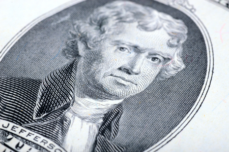 Benjamin Franklin on the two-dollar bill closeup.の写真素材