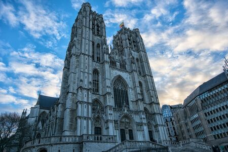 Belgium. The Gothic facade of the Cathedral of St. Michael and Gudula in Brusselsの写真素材