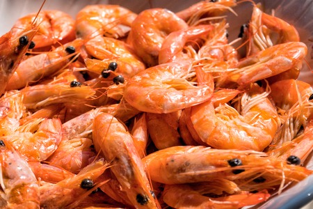 large red Mediterranean shrimp cooked for dinnerの写真素材