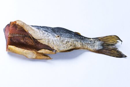 close up. Cold Smoked pink salmon on white backgroundの写真素材