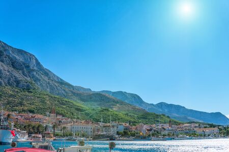 Makarska harbour and Biokovo mountain Croatia, Europeの写真素材