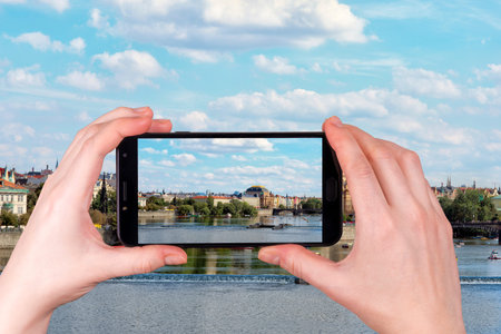 view of Prague on a sunny day Czech Republic. picture of the phone.