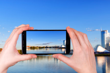 Minsk Belarus panorama of the historic centre. tourist takes a photo.の写真素材