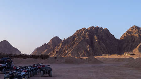 Rafting in egypt opposite the sinai mountains. desert buggyの写真素材