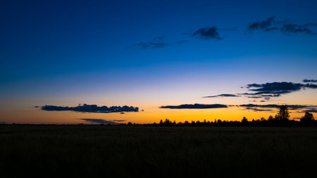 dusk over the field. sky after sunset in the countrysideの写真素材