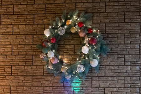christmas wreath on wooden background. Christmas decor self made.の写真素材