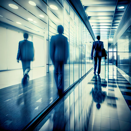 abstract business background blurred people walking down the corridor in the office. Generative AI.の写真素材
