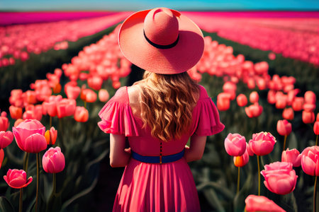 Back view of a girl in pink in the middle of a field with roses. Generative AI.の写真素材