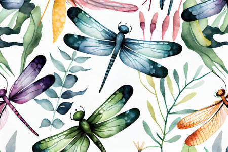 Watercolor set. illustration top view of dragonflies on white background. Generative AI.の写真素材