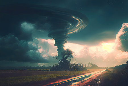 big tornado. super tornado in the countryside. Generative AI.