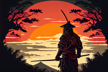 japanese drawing samurai watching the sunset. Generative AI.の写真素材