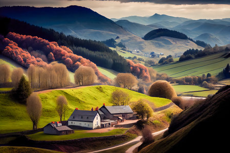 view of the autumn landscape in the mountains. Generative AI.
