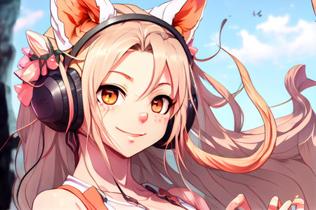 anime girl with cat ears. Generative AI.