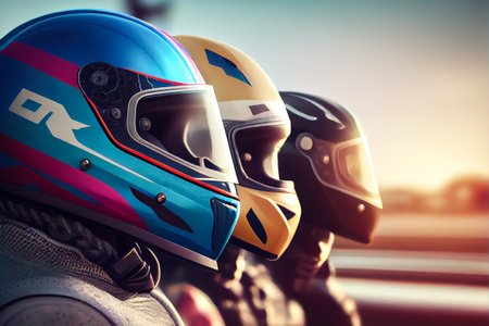 racing helmets close-up. auto moto sport. Generative AI.の写真素材