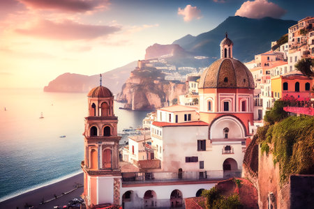 illustration morning view of the town of Amalfi on the coast of Italy. Generative AI.の写真素材
