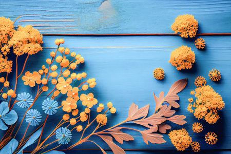 spring color on blue board background top view. Generative AI.の写真素材