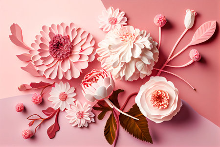 top view of pink and white flowers on pink background. Generative AI.