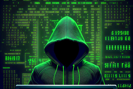 hooded hacker against green background with computer code. Generative AI.