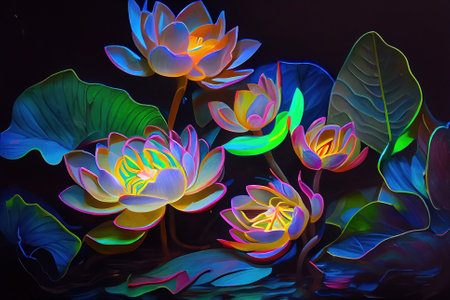 Neon stripes on a dark background. Generative AI.の写真素材