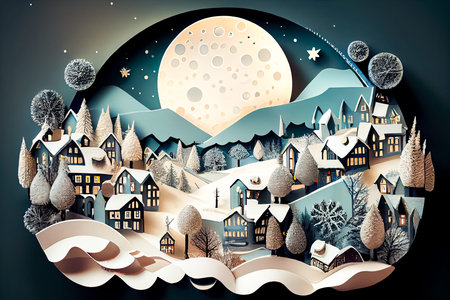 Urban night winter landscape made of cardboard. Generative AI, Generative, AI.
