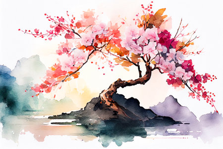 Japanese painting. sakura blossom on white background watercolor. Generative AI, Generative, AI.の写真素材