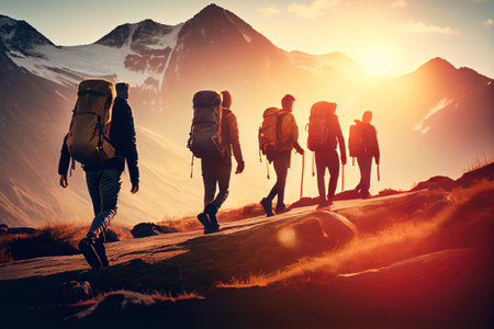 group of sports people are walking in the mountains. Generative AI, Generative, AI.の写真素材