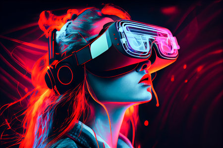 Virtual reality explorer in neon colors. Generative AI, Generative, AI.