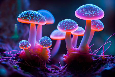 futuristic glowing neon mushrooms. Generative AI, Generative, AI.の写真素材