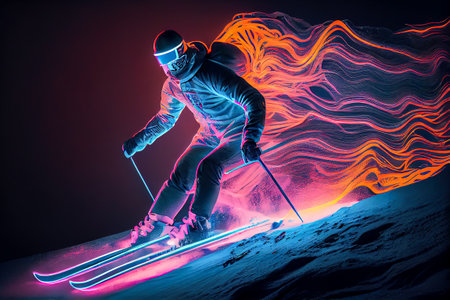 Neon skier going down the mountain. Generative AI, Generative, AI.の写真素材