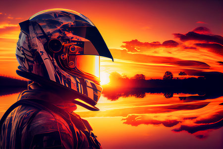 racer in a helmet at sunset. Generative AI, Generative, AI.の写真素材