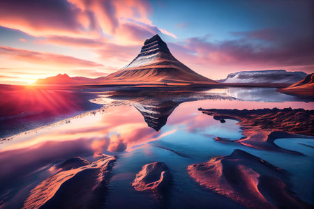 illustration sunset over fantastic evening with the Kirkjufell volcano. Generative AI.の素材