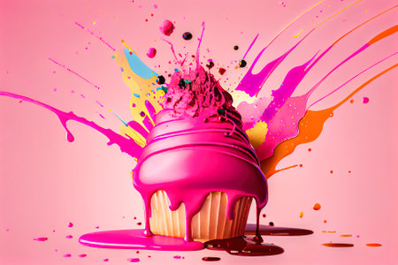 multi-colored cake with pink splashes of icing. Generative AI.の素材