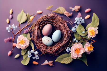 Easter eggs in a nest with flowers. Generative AI, Generative, AI.の素材
