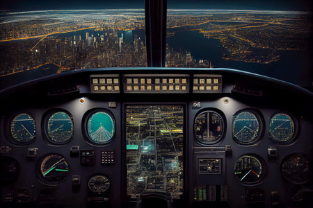 cockpit of a pilot flying over the city. Generative AI, Generative, AI.の素材
